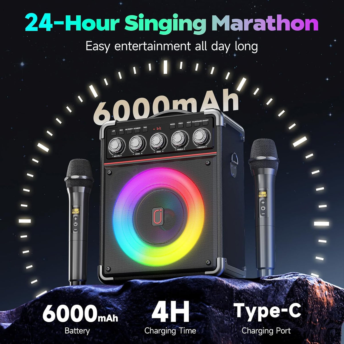 Karaoke Machine with 2 Wireless Mics for Adults Kids | Bluetooth 5.3 Speaker with Bass/Treble/Echo