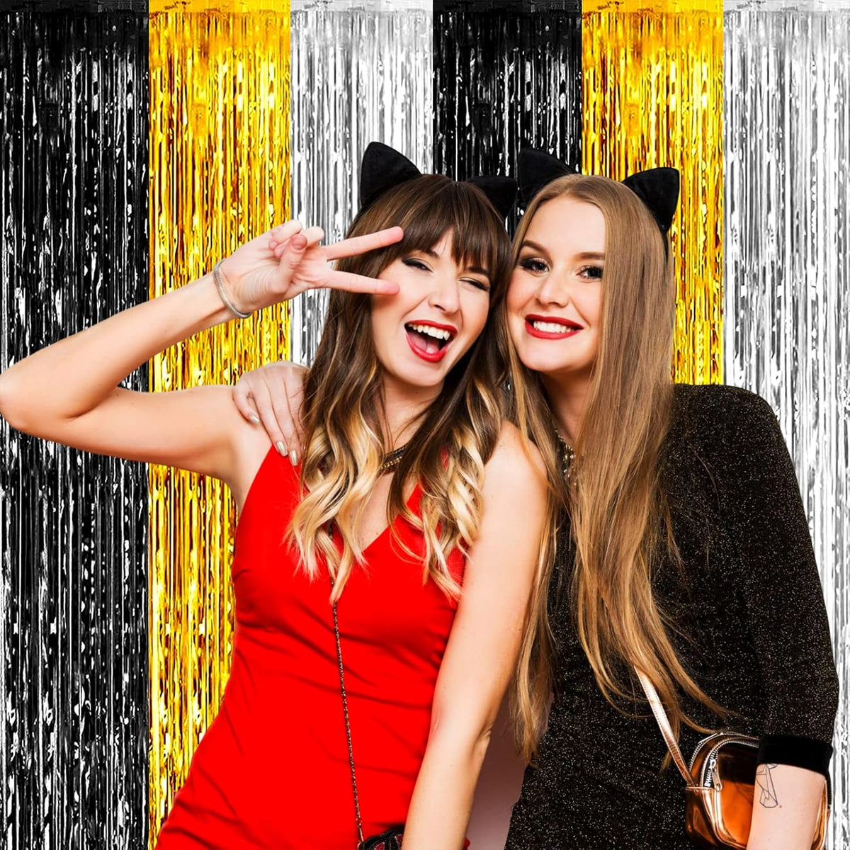 4 Pack Black Gold Silver Foil Fringe Curtain Backdrop, 3.28Ft x 9.8Ft Metallic Tinsel Foil Fringe