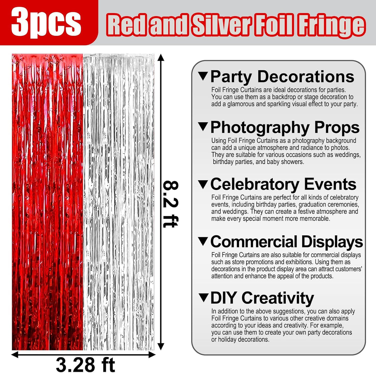 3 Pack Red Silver Foil Fringe Curtain Backdrop, 3.28Ft x 8.2Ft Metallic Tinsel Foil Fringe Streamer