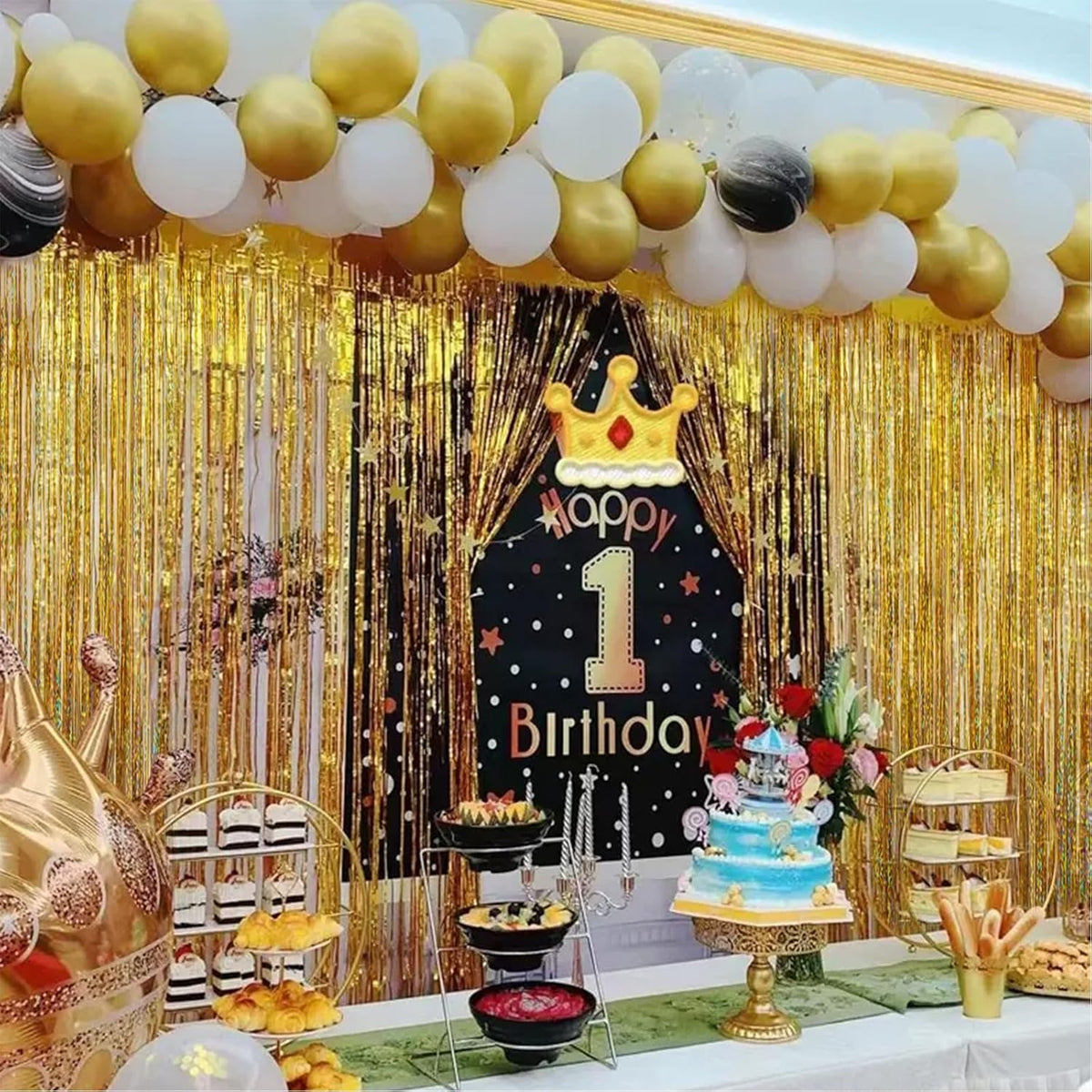 CANREVEL 2 Pack 3.3x8.2 Feet Laser Gold Foil Fringe Backdrop Curtains, Tinsel Streamers Birthday