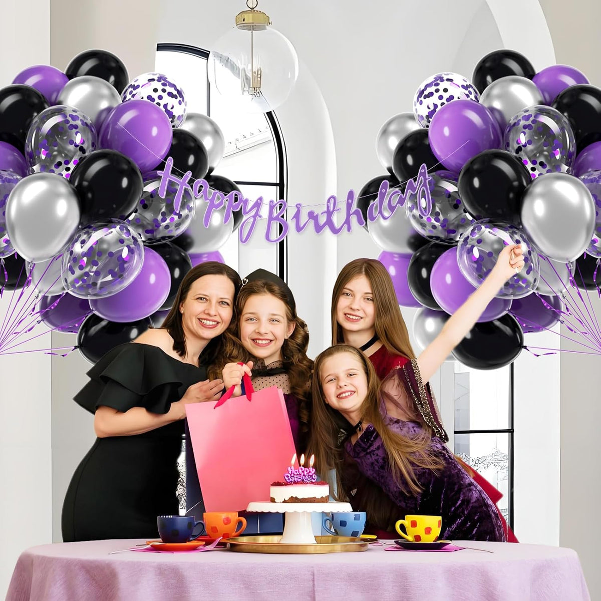 60pcs Purple and Black Balloons 12inch, Purple and Silver Balloon with Metallic Silver Confetti
