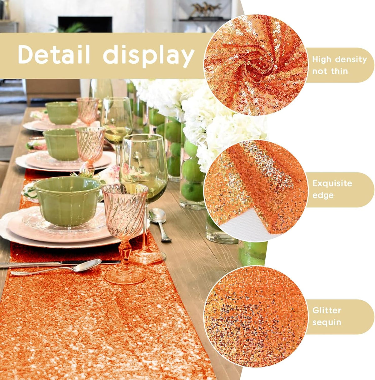 6 Packs 12 x 72 inches Sequin Table Runner, Orange Glitter Table Runner for Birthday Party Supplies
