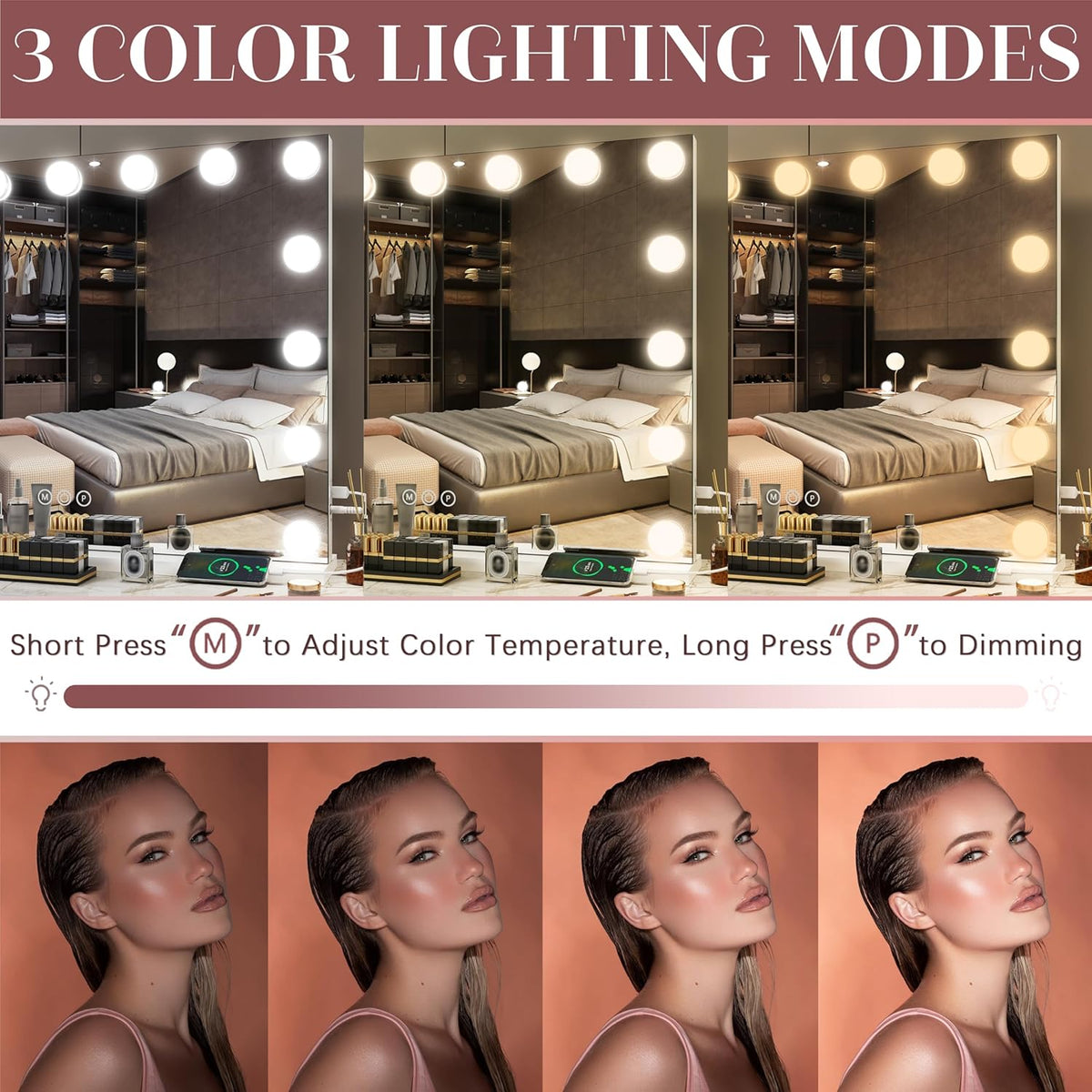 32"x24" Hollywood Vanity Mirror with Lights, 18 Dimmable LED Bulbs, 3 Color Modes, 10X
