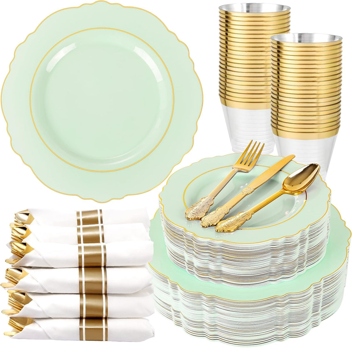Liacere 350PCS Light Green Plates - Disposable Green and Gold Plastic Plates 50guest Baroque