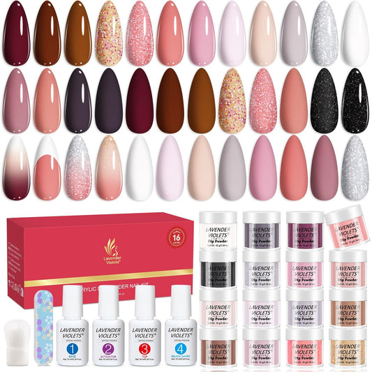 Lavender Violets 22 Pcs Dip Powder Nail Kit Starter - 16 Colors Nude Pinkish Brown Skin Tone with