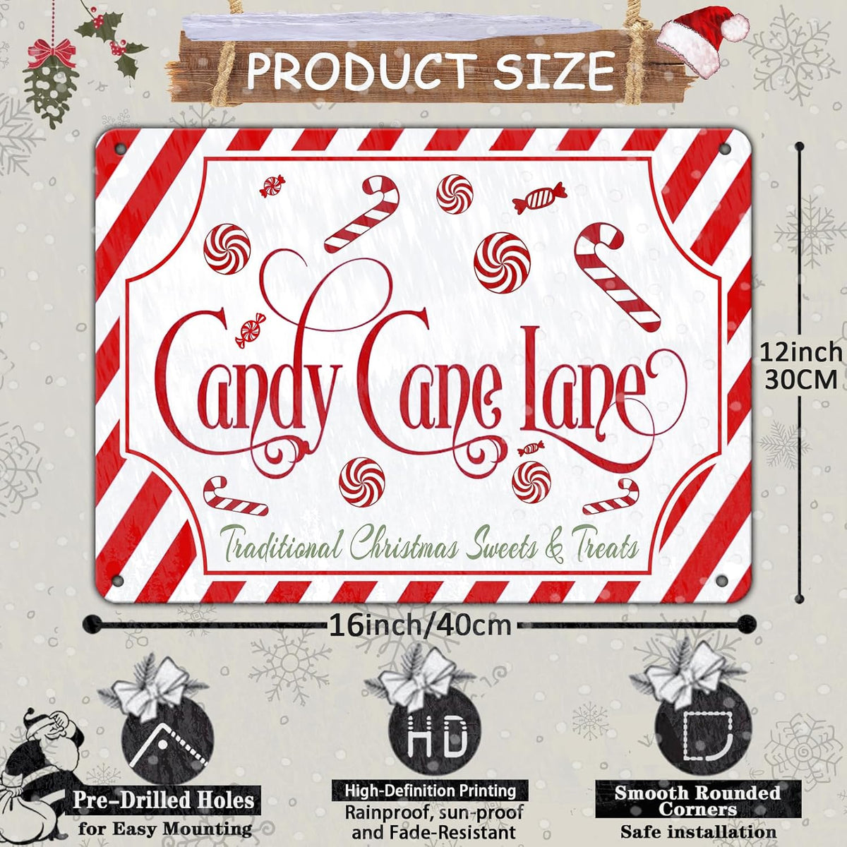 Christmas Candy Cane Lane Metal Tin Sign Traditional Christmas Sweets and Treats Winter Sign for