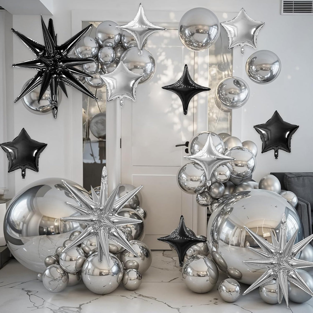 Black Silver Star Balloon,16Pcs Star Foil Balloons Set with 22Inch Explosion Spike Cone Balloons