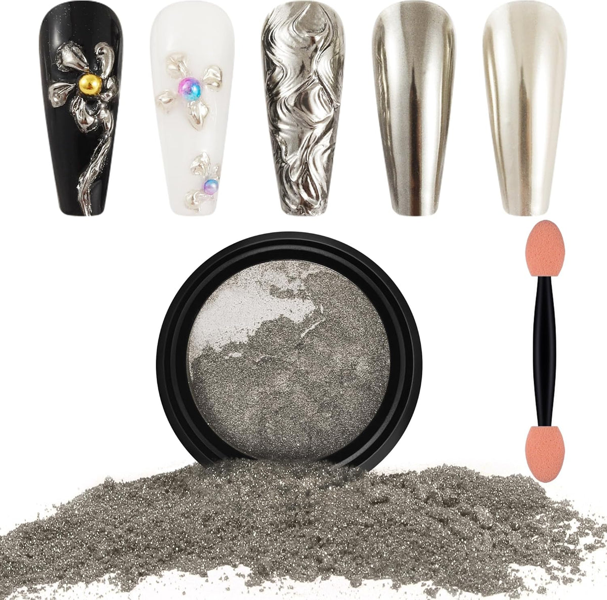 Artdone Chrome Nail Powder, Light Silver Iridescent Aurora Powder Metallic Mirror Effect Pigment