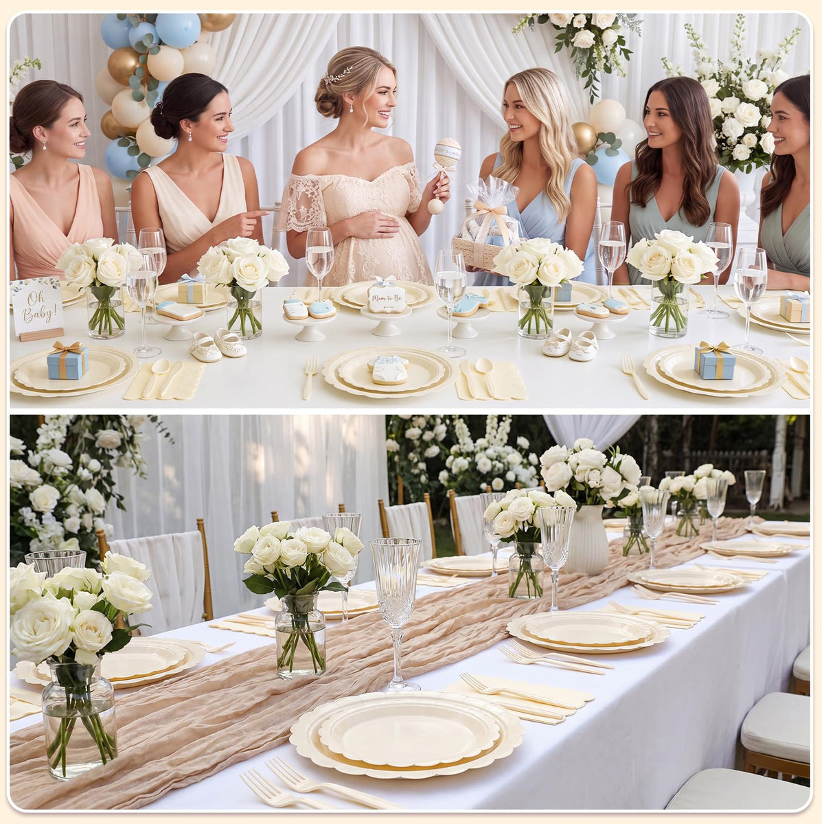 Xiangqu 25 Set Party Plates and Cups and Napkins Ivory Scalloped Dinnerware