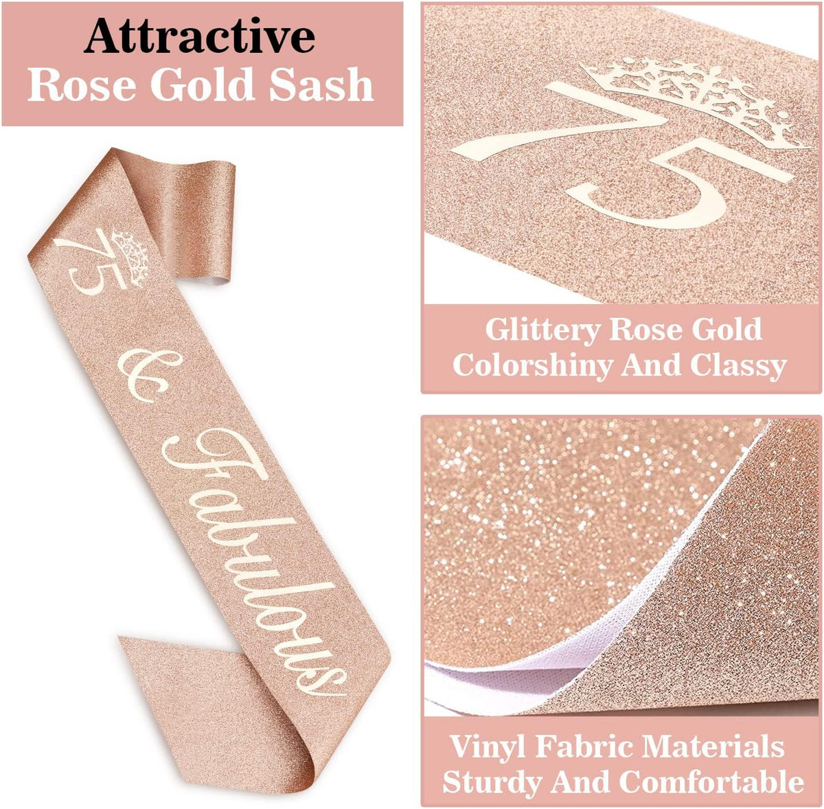 75th Birthday Decorations for Women Including Sash, Crown/Tiara, Candles and Cake Topper, Rose Gold