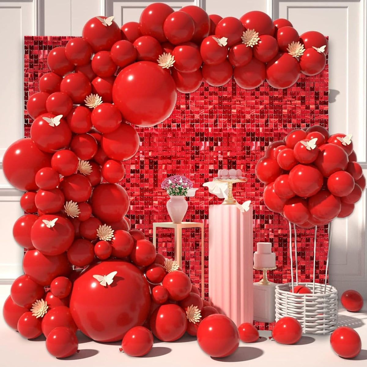 12PCS Red Shimmer Wall Backdrop, Laser Square Sequin Photo Backdrops Panel, Glitter Wall Background