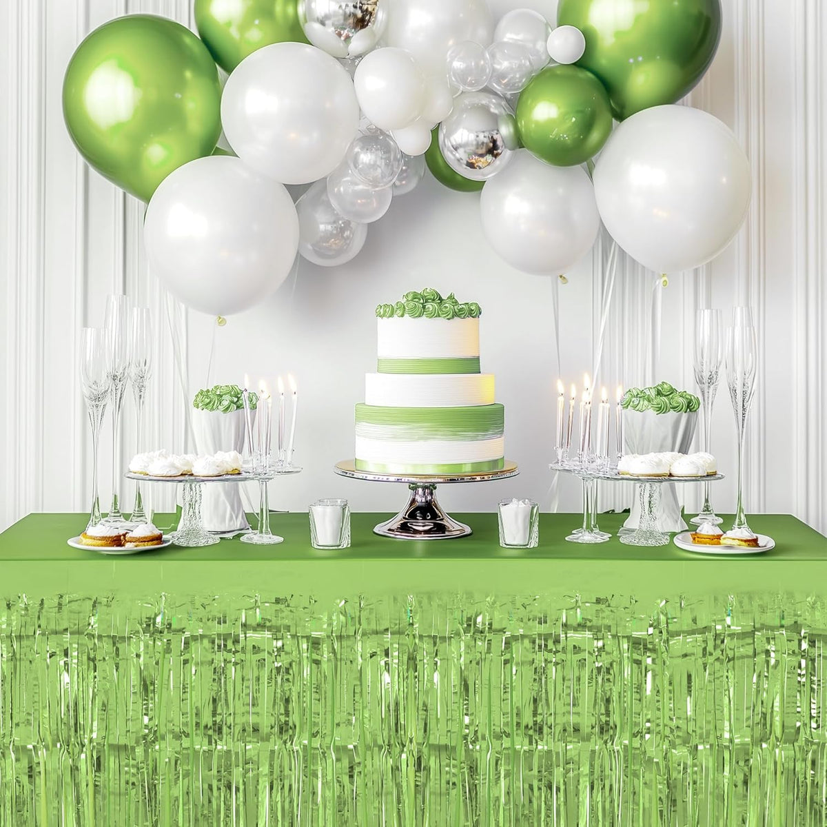 4 Pack Light Green Table Skirts, 29x108" Metallic Foil Tinsel Fringe Table Skirts for Rectangle