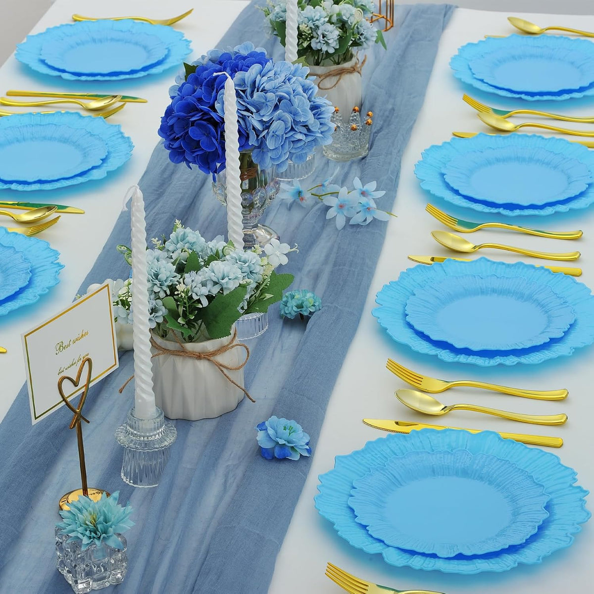 50 Pcs Blue Floral Plastic Plates, Fancy Disposable Plate, Heavy Duty Plastic Plates Set include 25