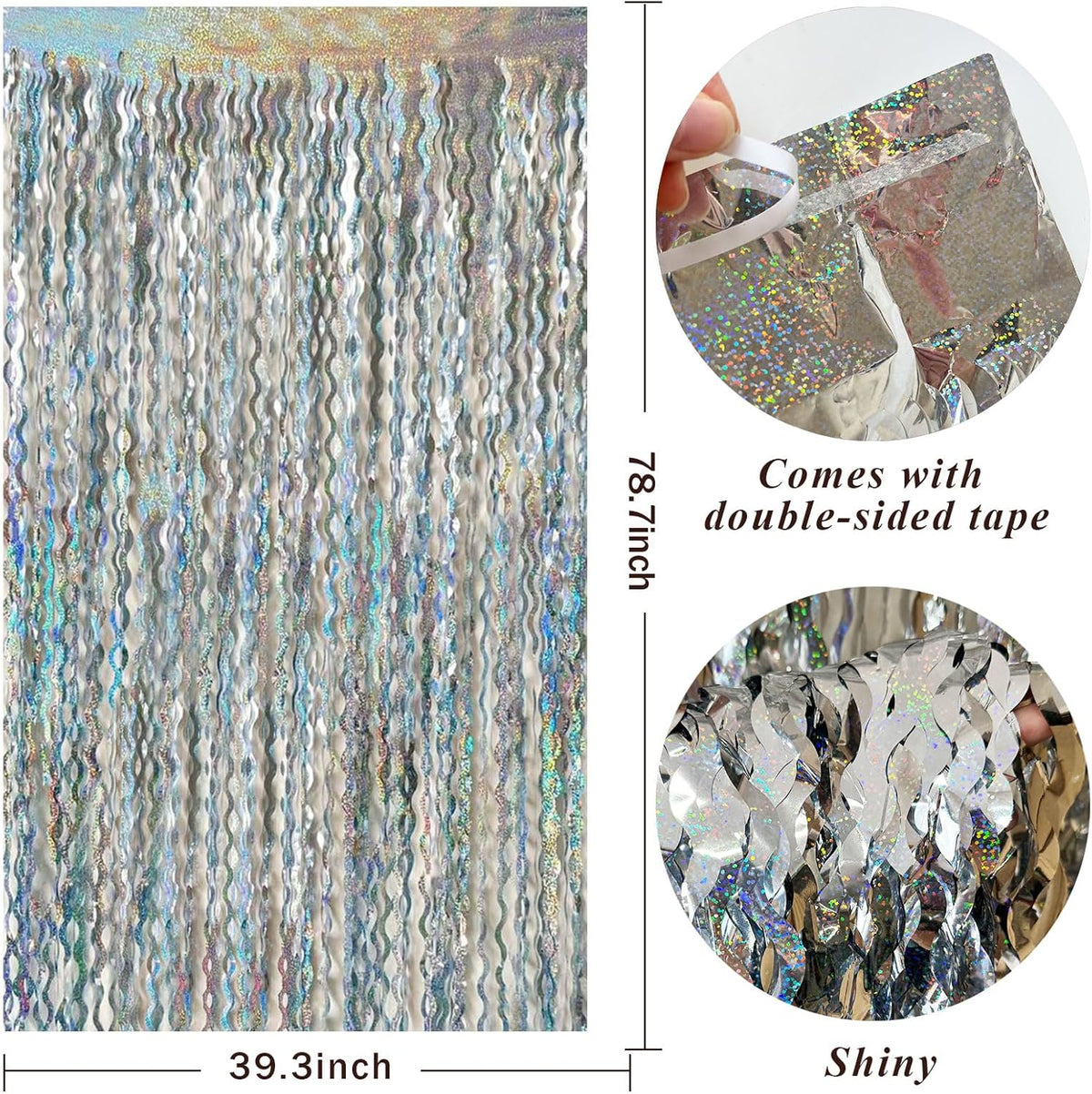2 Pack Silver Backdrop Curtain Tinsel Streamers Sparkle Metallic Wavy Foil Fringe Photo Booth Props