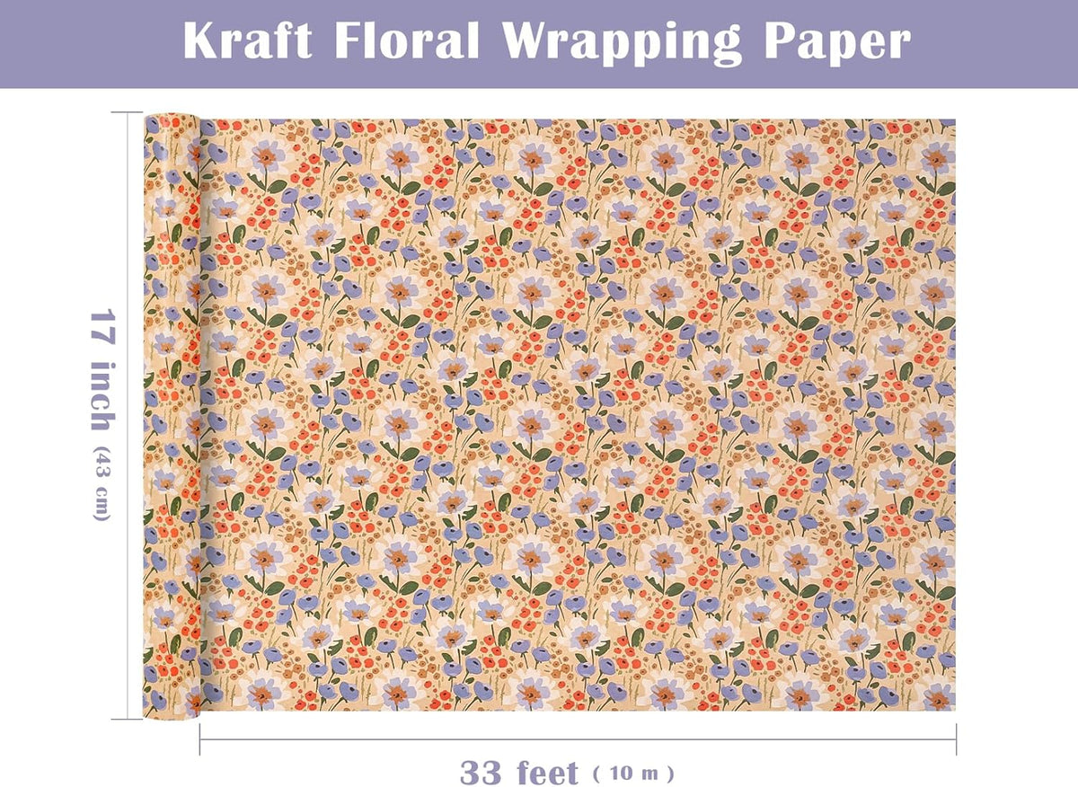 WRAPAHOLIC Kraft Floral Wrapping Paper Roll - Mini Roll - 17 Inch x 33 Feet - Watercolor Flower