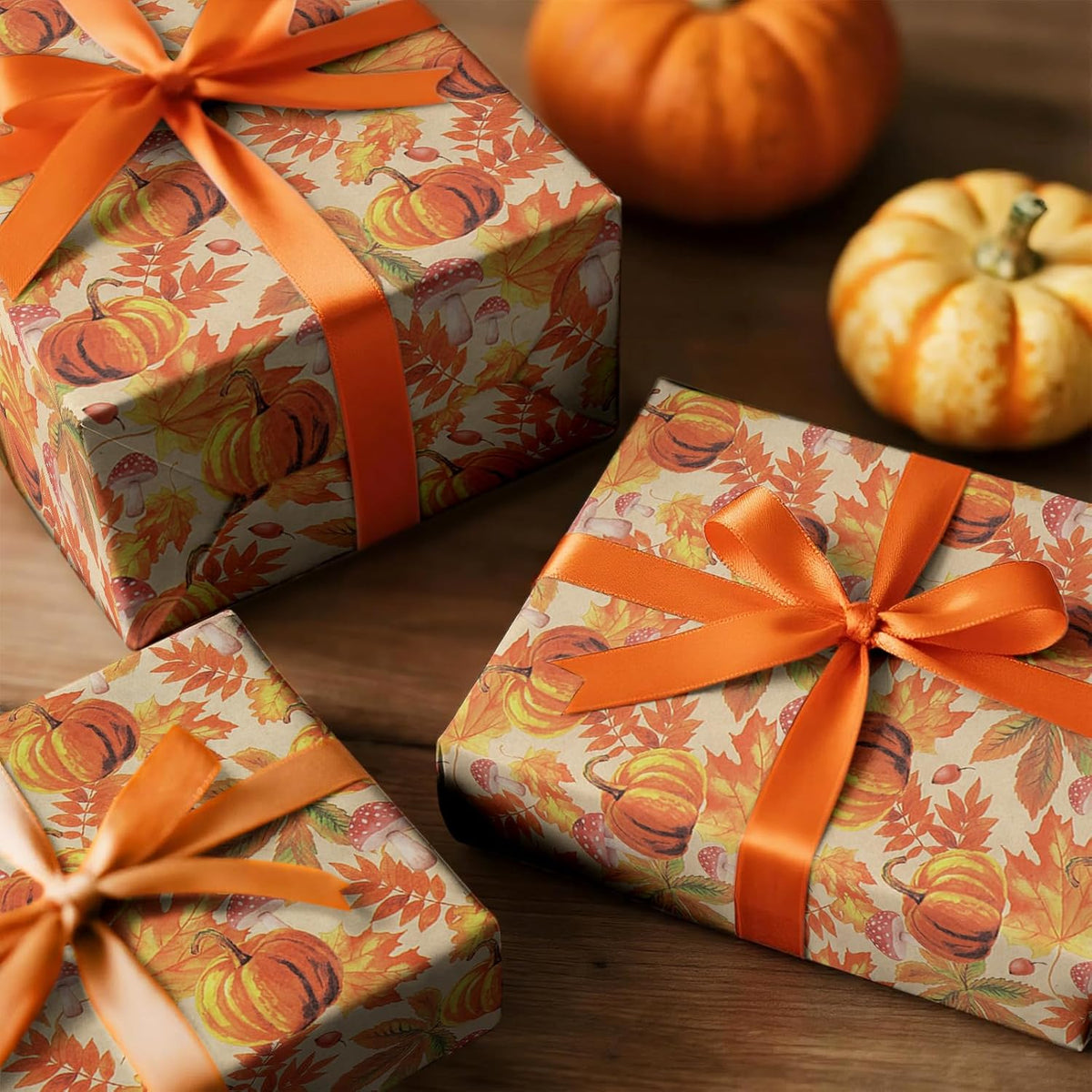 RUSPEPA Fall Wrapping Paper Roll, Mini Roll, Watercolor Pumpkin, Autumn Leaf and Mushroom Design
