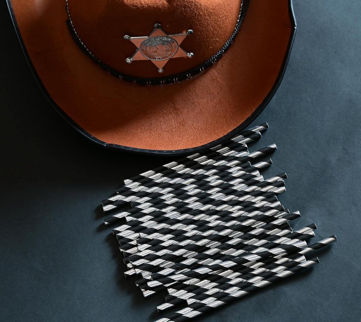 Cocktail Paper Straws - Black Silver Striped Biodegradable Disposable Drinking Straws for Brithday