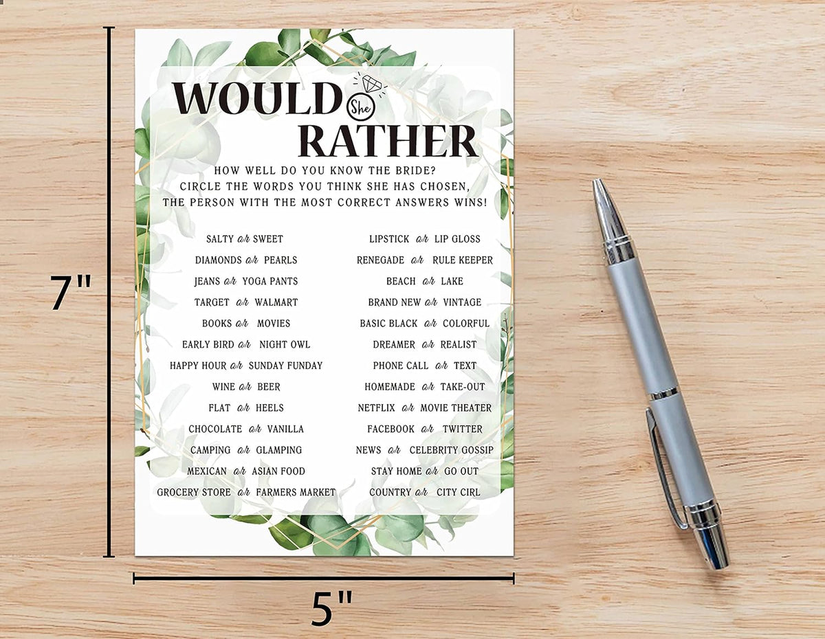 Bridal Shower Game Cards, Would She Rather Game, Tropical Jungle Theme Engagement Party Cards For