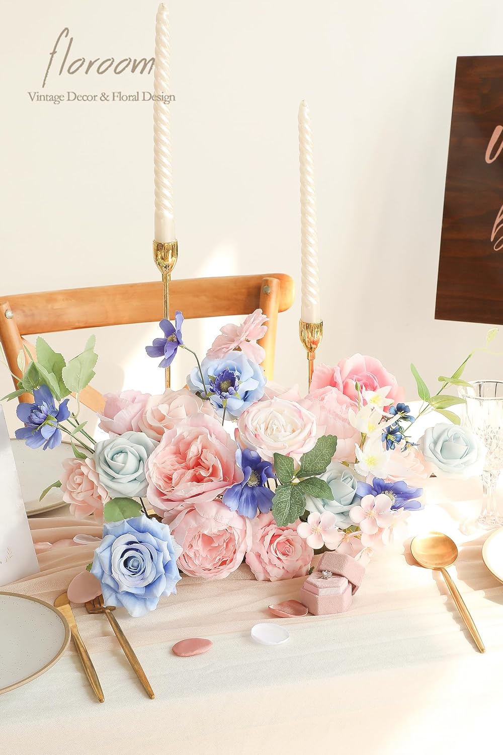 Floroom Pink Blush Blue Artificial Flowers Fake Roses Peonies and Greenery Combo Box Set for DIY