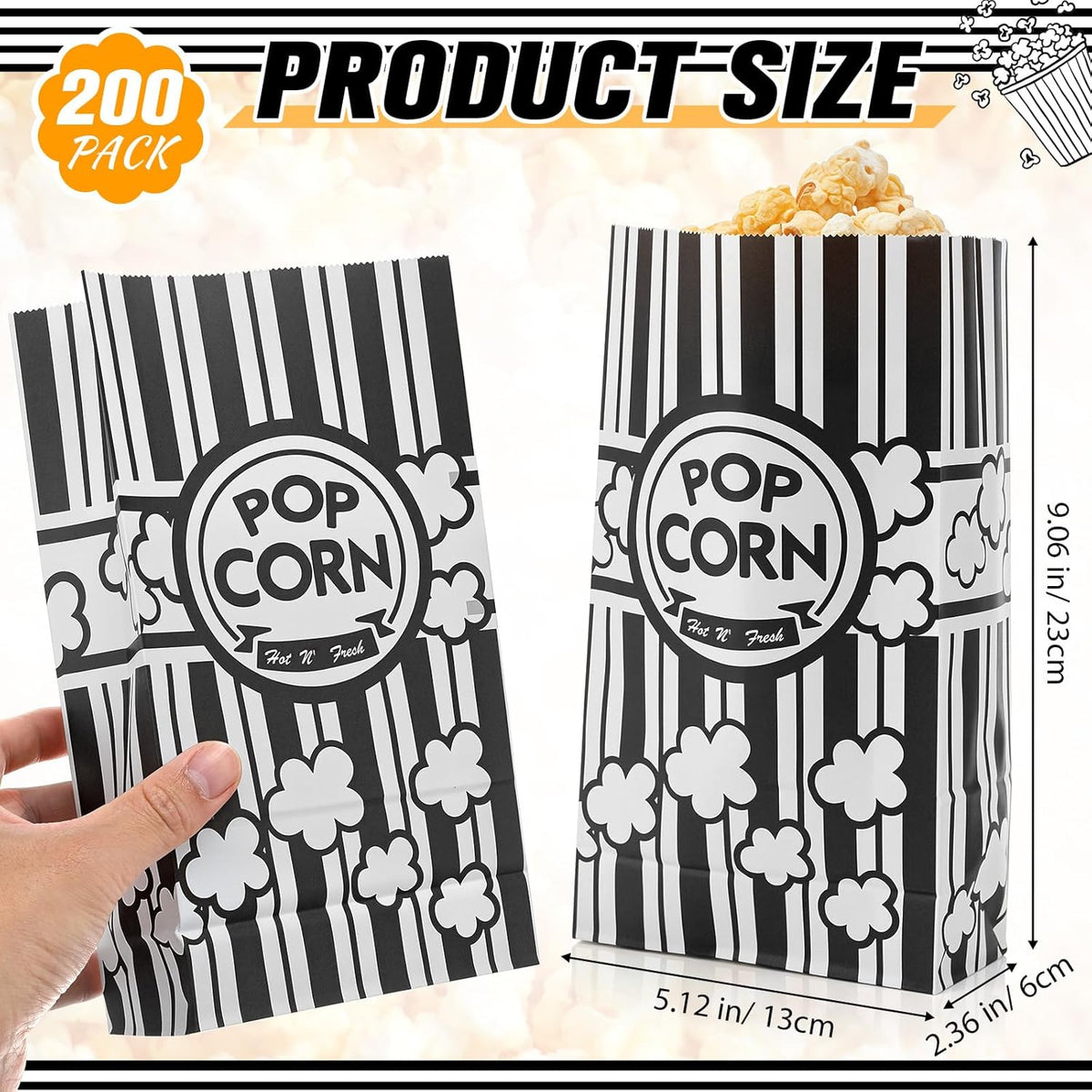 200 Pcs Paper Popcorn Bags Bulk 2 oz Large Flat Bottom Boxes Red and White Disposable Container
