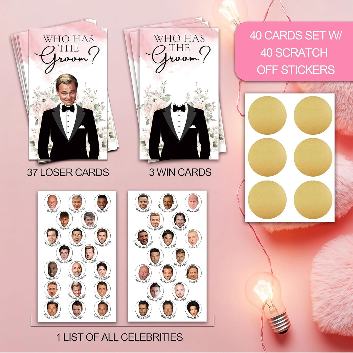 Who Has The Groom Bridal Shower Games, 41 PCcs Pink Floral Scratch Off Cards, 3.5"x 2.1" Funny