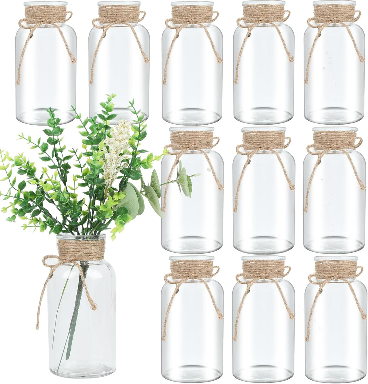 Vintage Glass Flower Vase，12 Pack Farmhouse Transparent White Glass Centerpiece Vases Mason Jars