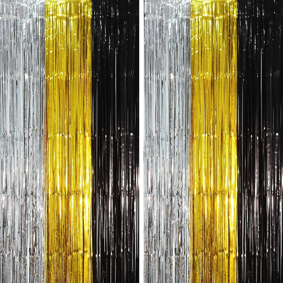 2 Pack Black Gold Silver Foil Fringe Backdrop Curtains, Tinsel Streamers Party Decorations, Fringe