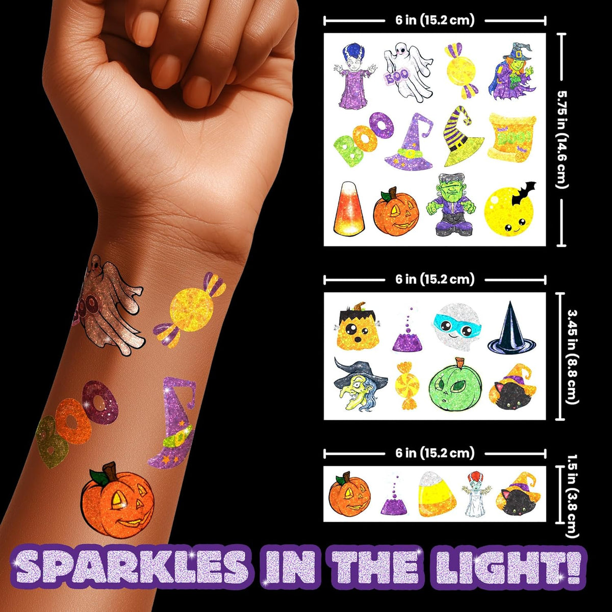 Assorted Glitter Halloween Tattoos – Sparkly Temporary Tattoos for Kids, Includes Pumpkins, Ghosts