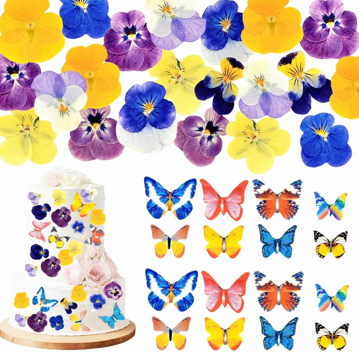 80 Pcs 8 Kinds Natural Real Dried Pressed Edible Flowers & Edible Butterflies for Cake Topper