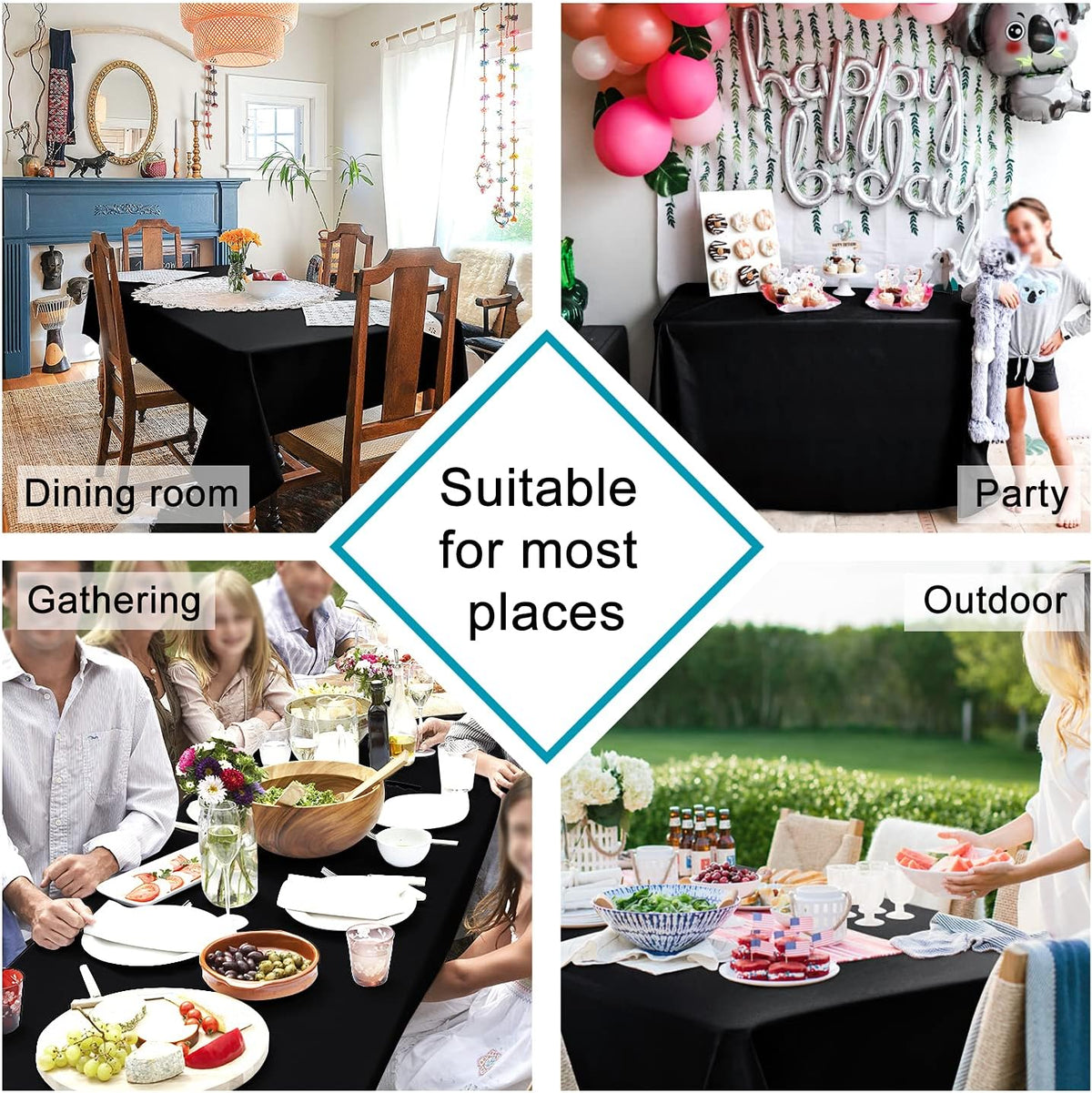 Hiasan 2 Pieces Black Tablecloth Rectangle - Waterproof and Wrinklr Resistant Washable Polyester