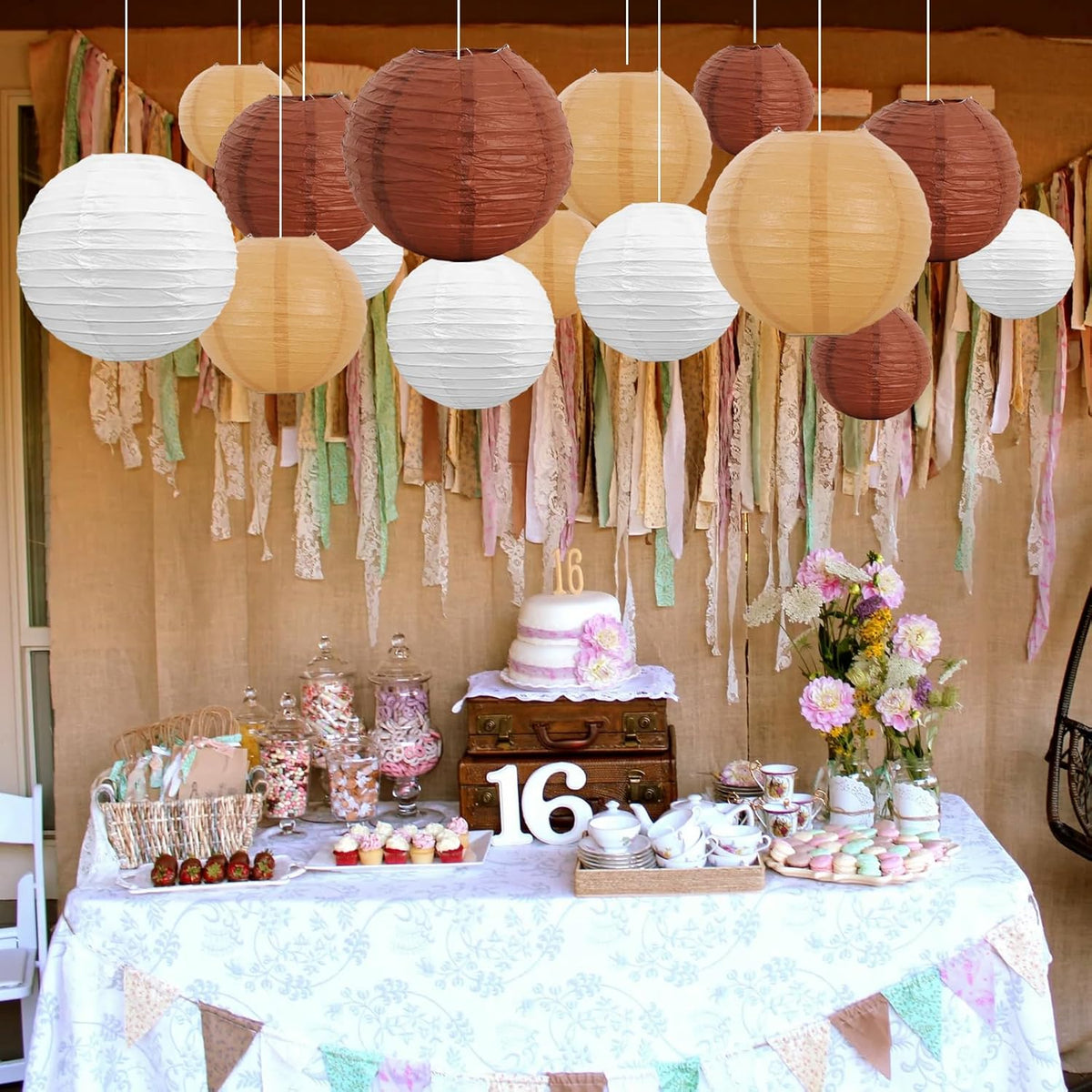 BEISHIDA 16 Pcs Brown Mix Paper Lanterns,Hanging Decorative Chinese Japanese Round Paper Lantern