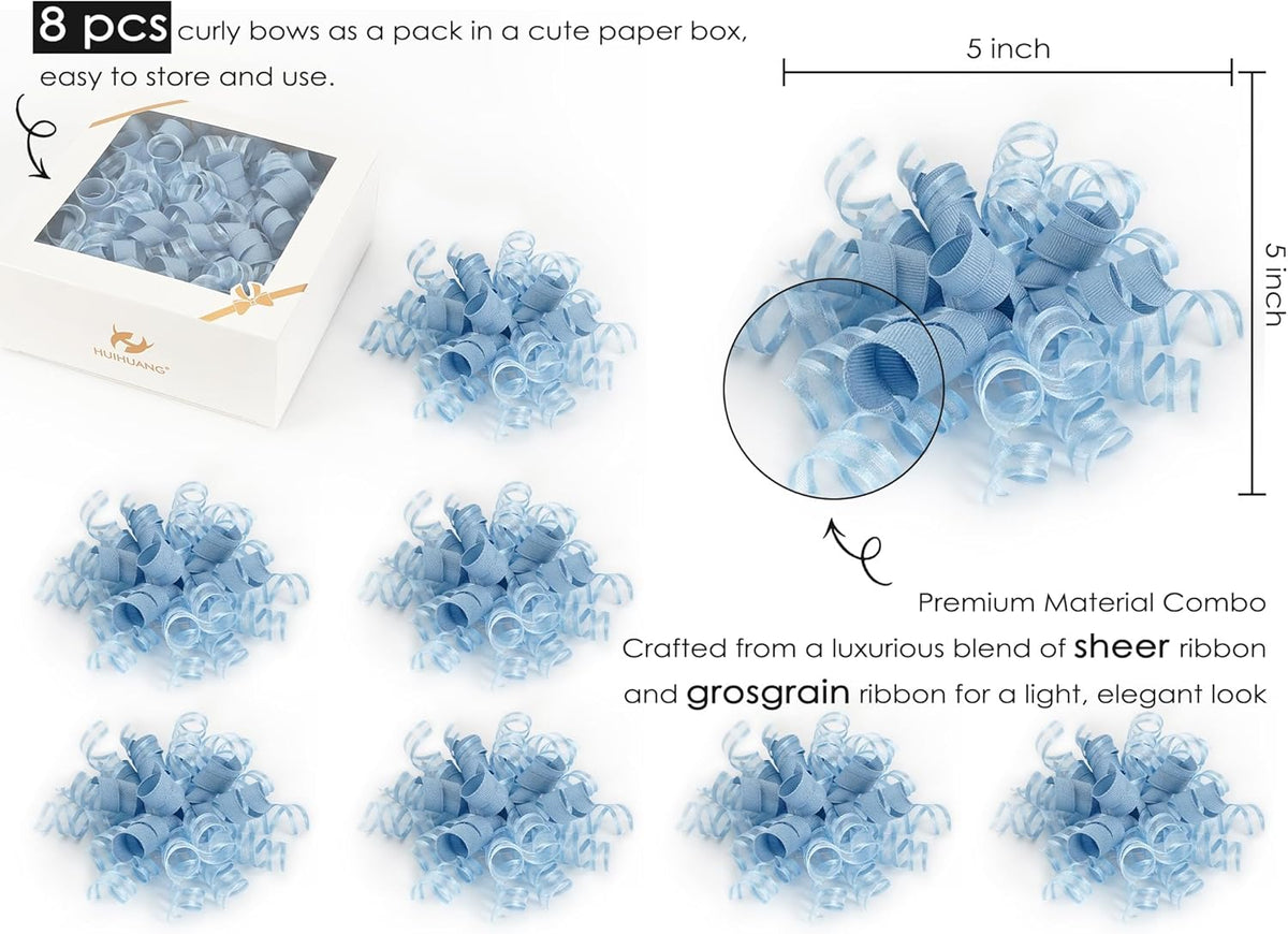 HUIHUANG Blue Gift Bows 5 inch x 8 Counts Dusty Blue Self-Adhesive Curly Ribbon Bows for Gift
