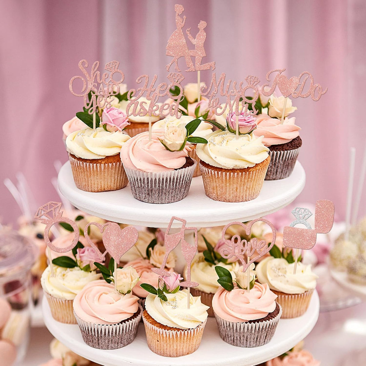 30 PCS He Asked She Said Yes Cupcake Toppers Glitter Wedding Engagement Cupcake Picks Miss to Mrs I