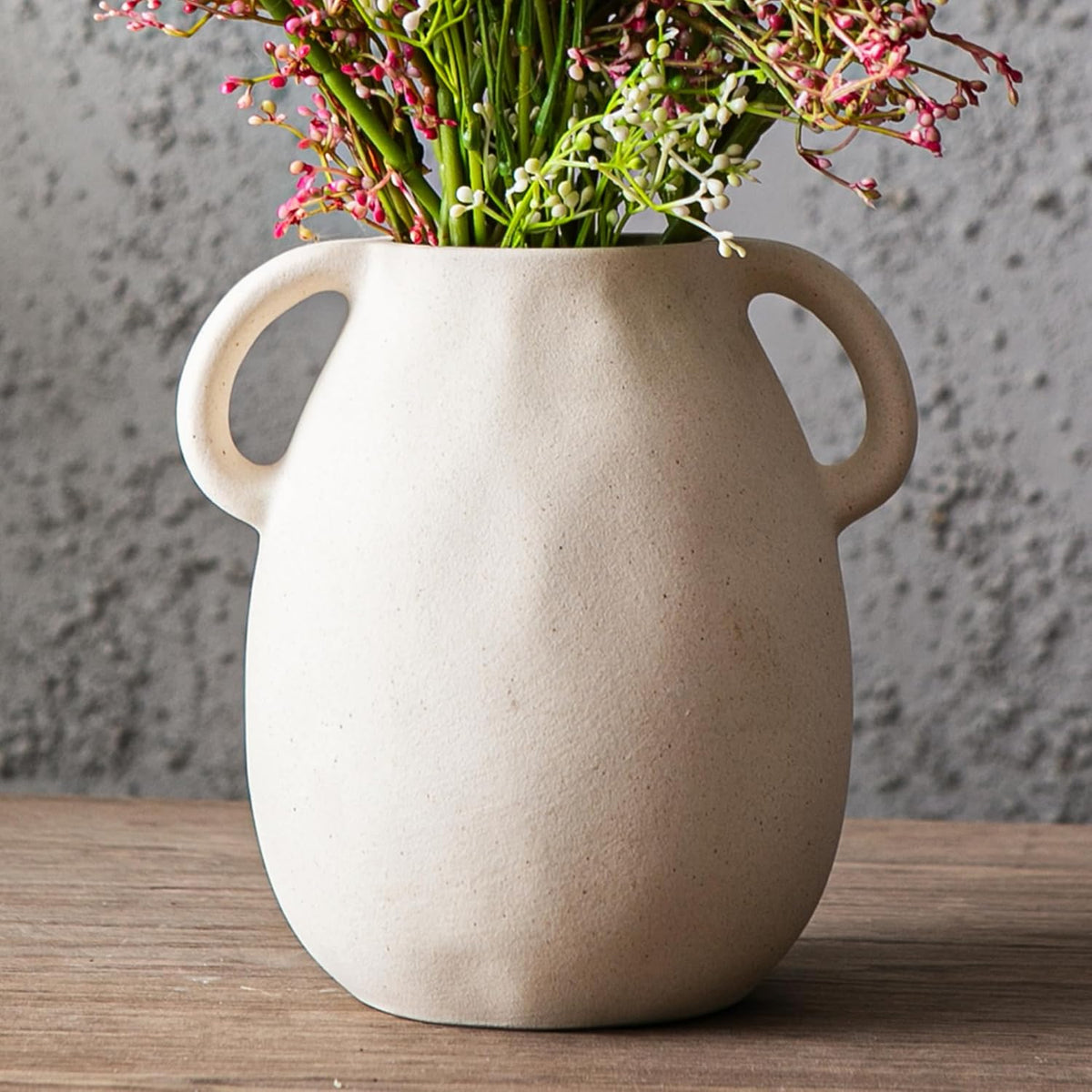 Kimdio White Ceramic Vase with 2 Handles – Sand-Glazed Clay Pottery Vase for Dried Flowers, Rustic