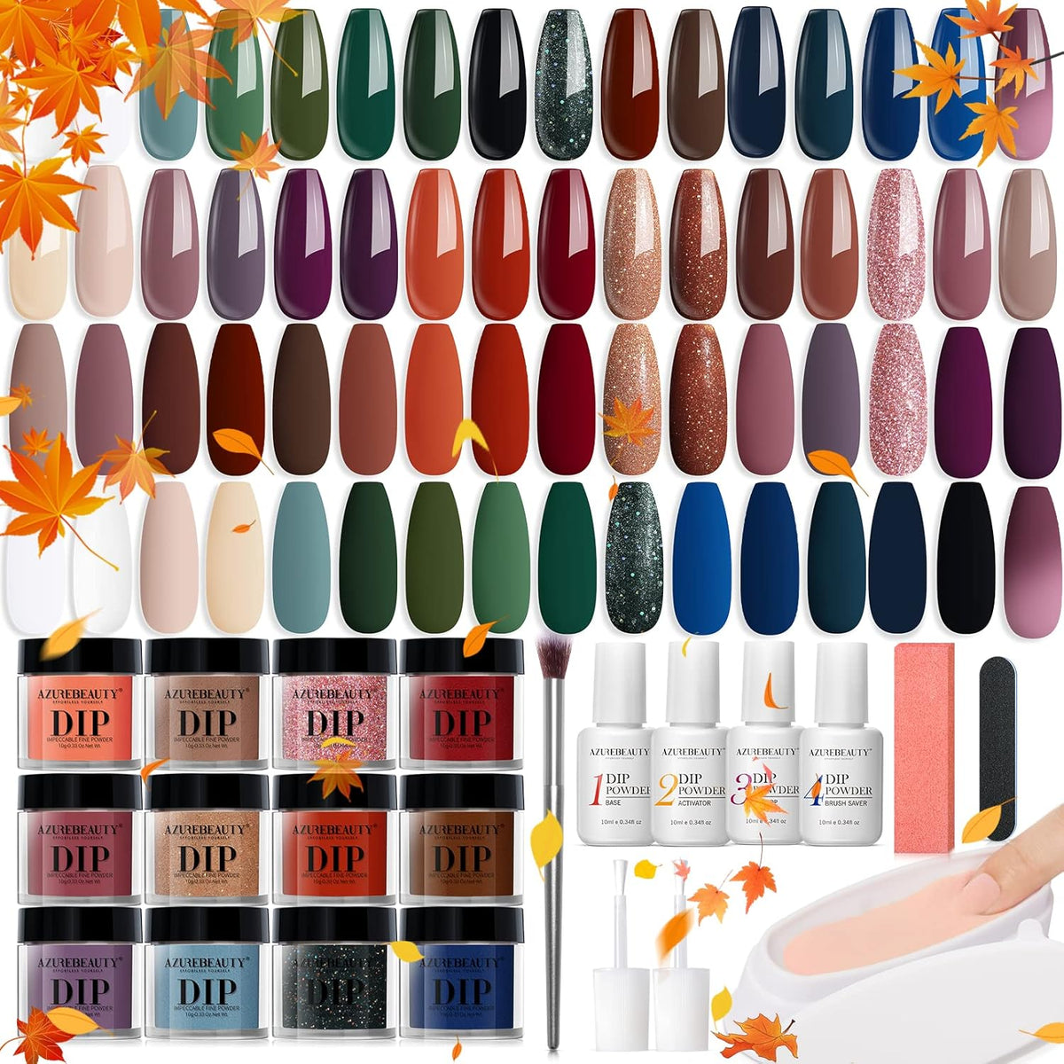 AZUREBEAUTY 42Pcs Dip Powder Nail Kit Starter, 32 Colors Fall Set Green Nude Brown Blue Dipping