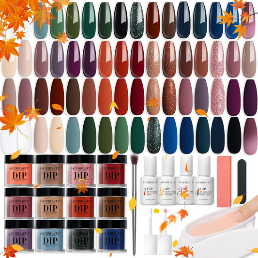AZUREBEAUTY 42Pcs Dip Powder Nail Kit Starter, 32 Colors Fall Set Green Nude Brown Blue Dipping