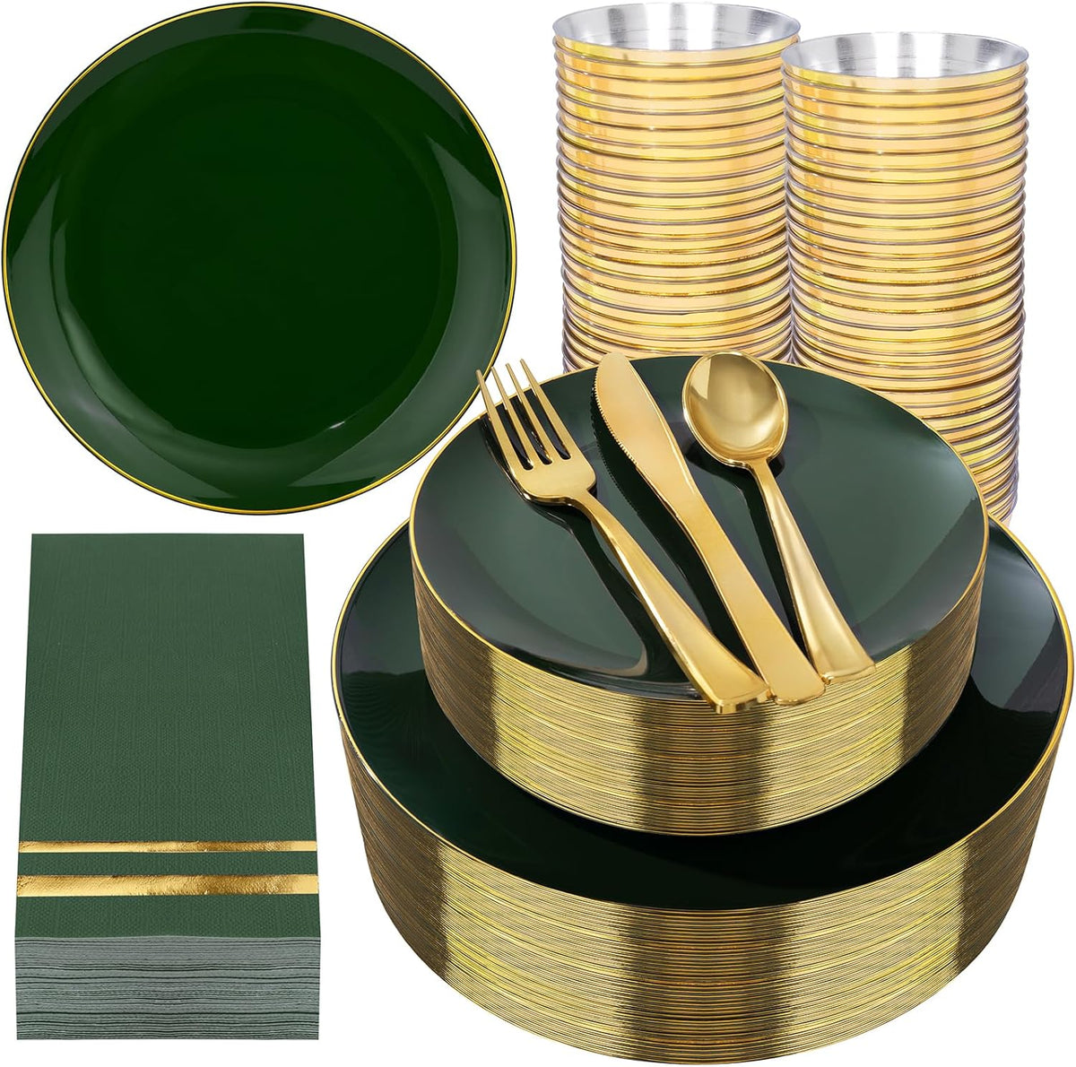 NOCCUR 350PCS Green Plastic Plates - Disposable Green Gold Dinnerware Set for 50 Guests, 100
