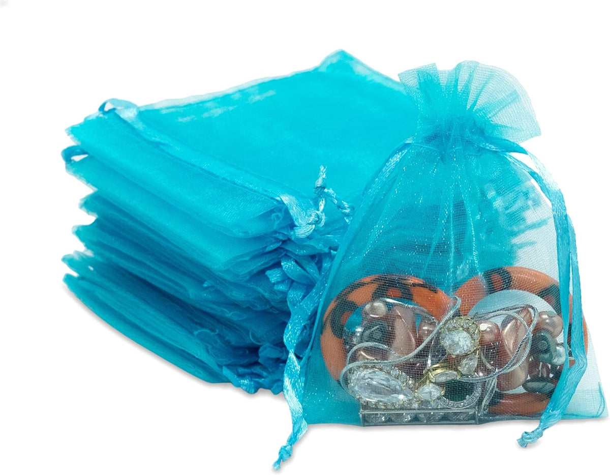 TheDisplayGuys 100-Pack 3x4 Turquoise Blue Sheer Organza Gift Bags with Drawstring, Jewelry Candy