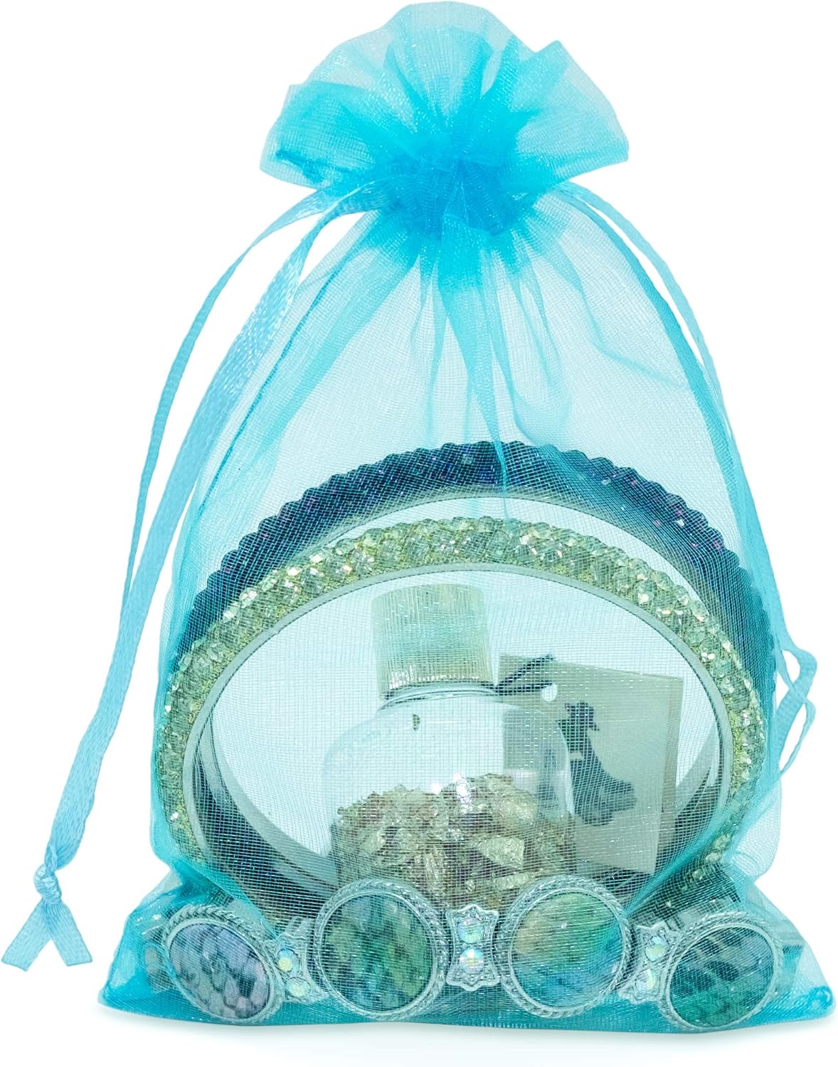 TheDisplayGuys 100-Pack 4x6 Turquoise Blue Sheer Organza Gift Bags with Drawstring, Jewelry Candy