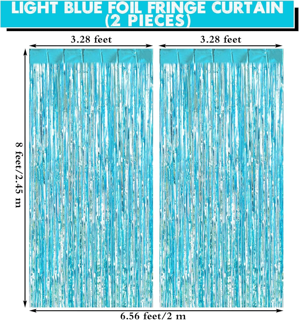2 Pack Light Blue Fringe Curtains Foil Shiny Fringe Backdrop Tinsel Door Streamers Foil Curtains
