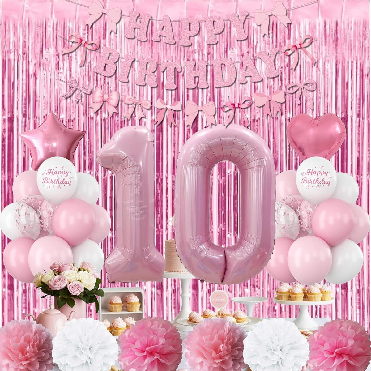 10th Birthday Decorations for Girls Pink Number 10 Balloon Bow Coquette Happy Birthday Banner