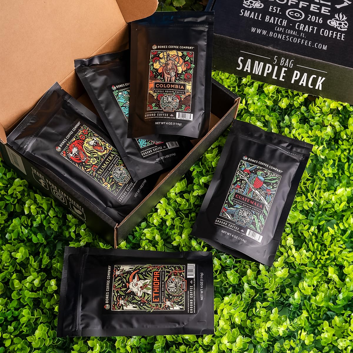 Bones Coffee Company NEW World Tour Sample Pack, Single-Origin Flavored Coffee Medium Roast Arabica