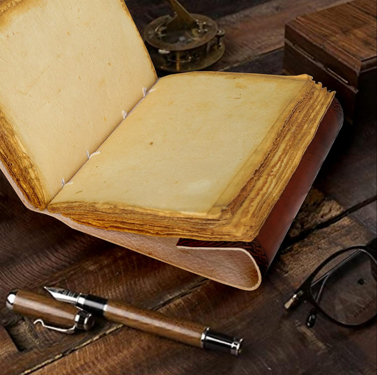 cuero 3 Moon Blue Lapiz Embossed Vintage Leather Journal for Men & Women - 140 Pages, Antique