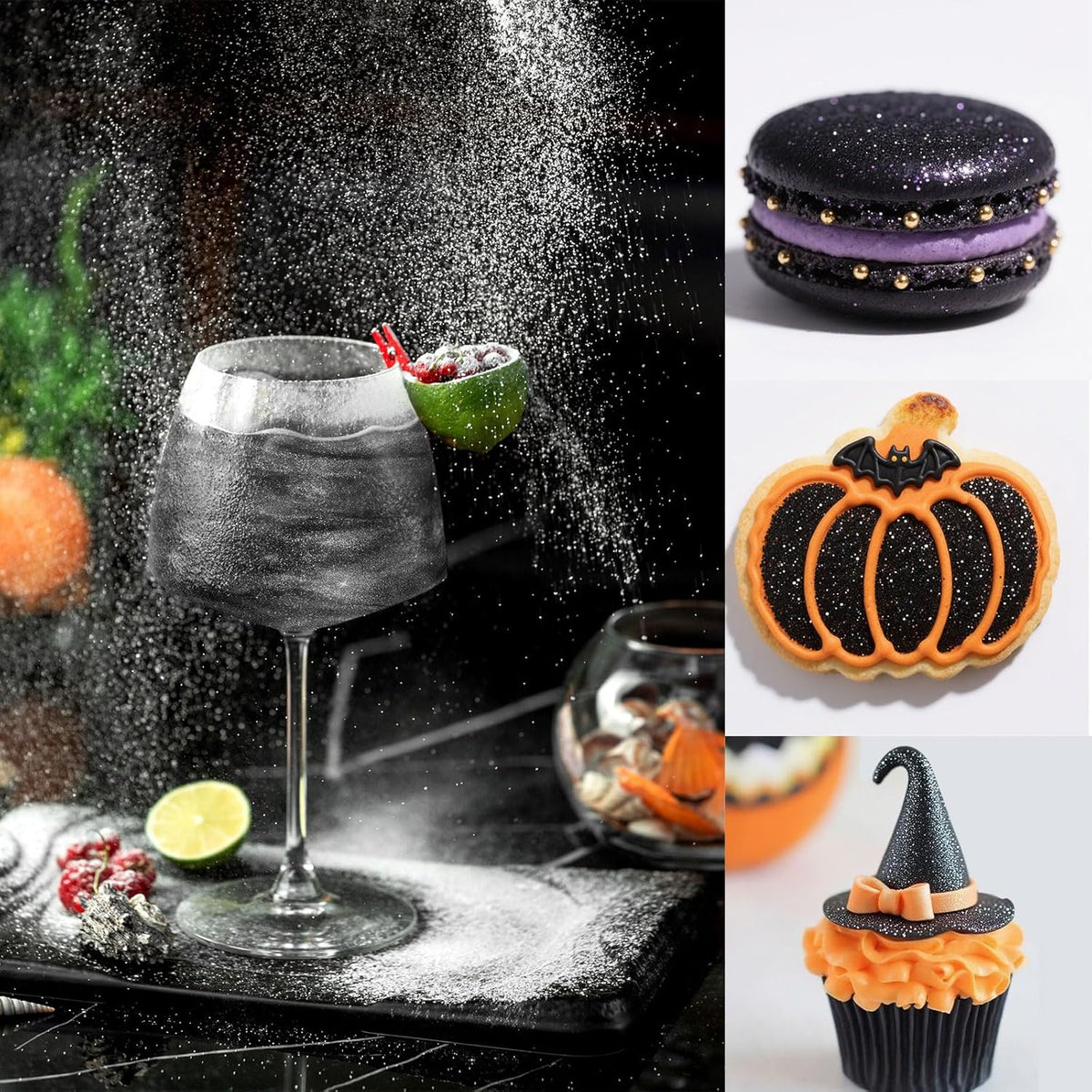 Orange Edible Glitter Black Glimmer Powder for Halloween Cakes Drinks, Colaele Edible Glitter Set