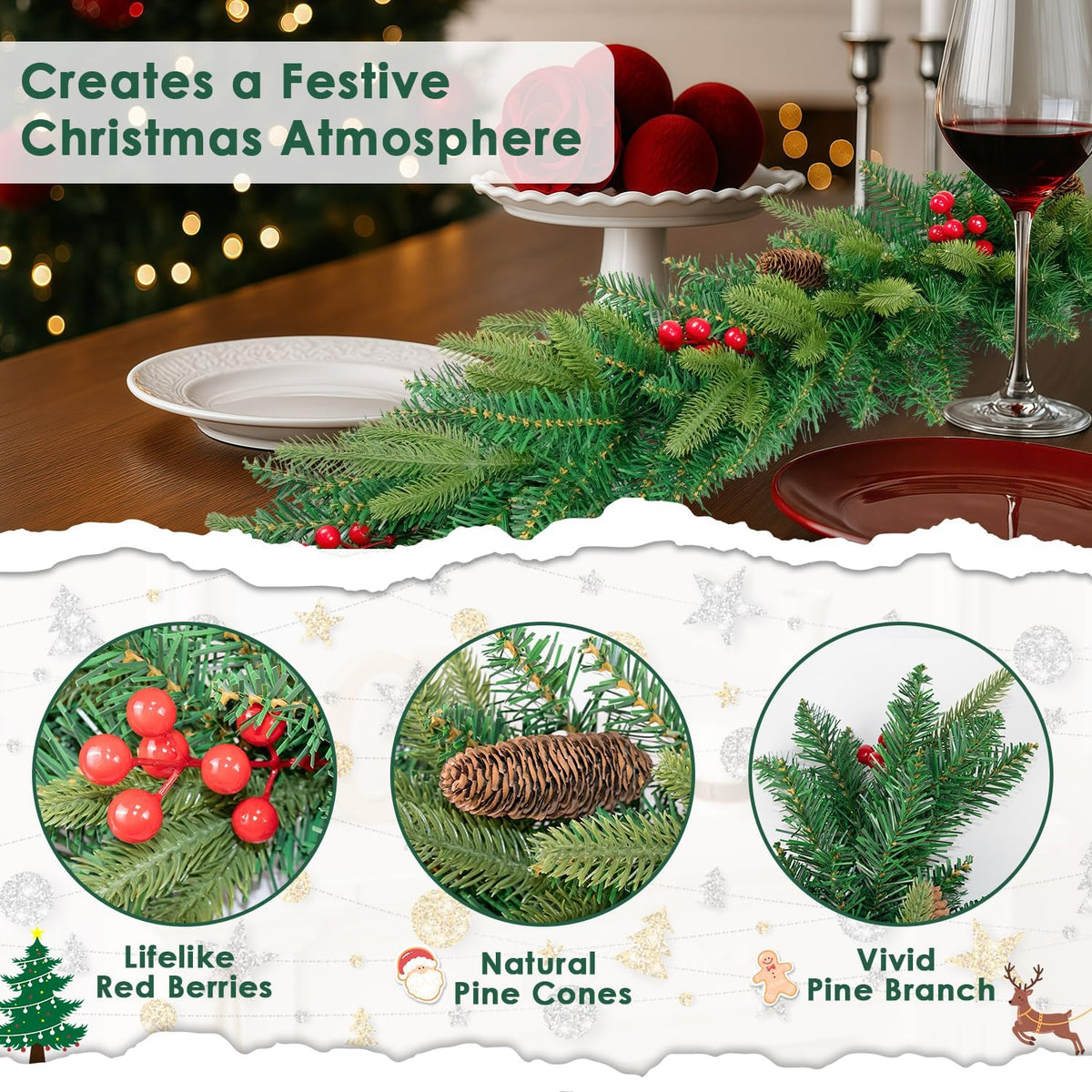 6FT Christmas Garland Artificial Norfolk Pine Tree Greenery, Cedar Cypress with Red Berries Pine