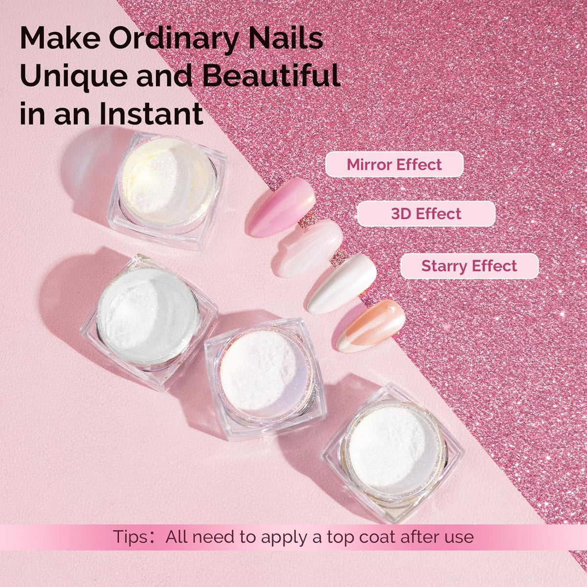 MelodySusie 4Pcs Chrome Nail Powder for Gel Nails, Aurora Fine Glitter Powder Mirror Effect Pigment
