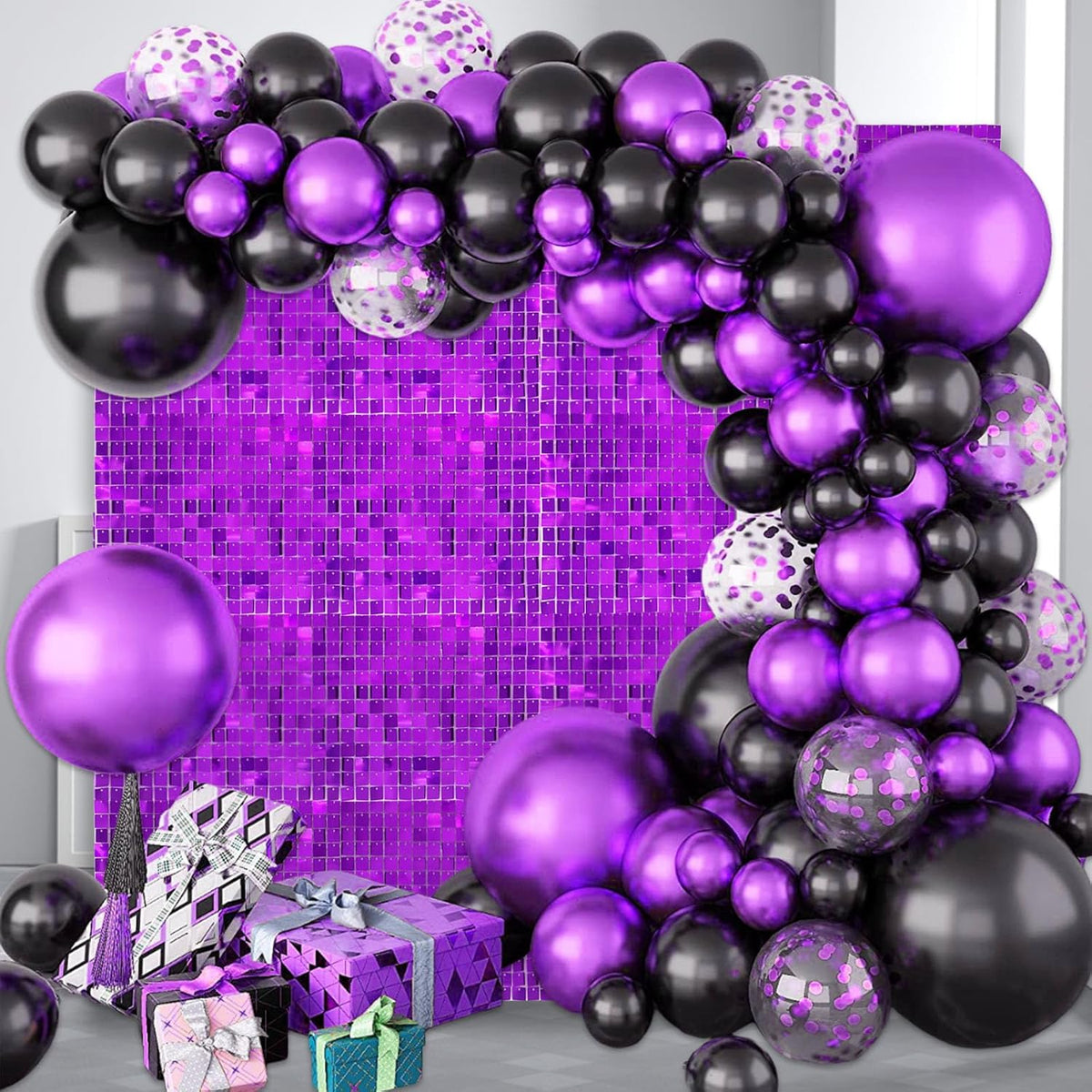 12PCS Purple Shimmer Wall Backdrop, Square Sequin Photo Backdrops Panel, Glitter Wall Background
