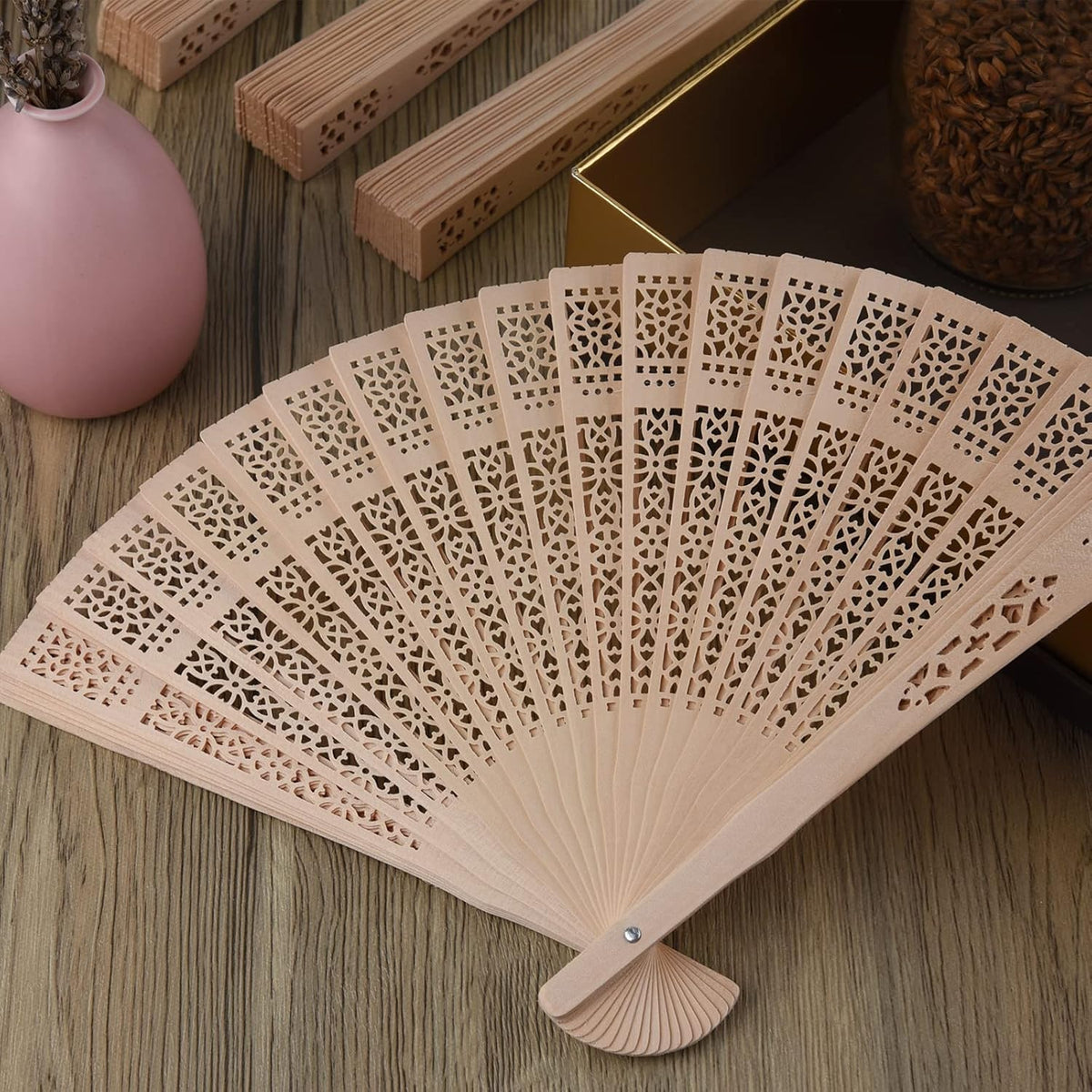 FEPITO 20 Pieces Wooden Handheld Paper Fan Wooden Folding Fans with Bamboos for Wedding Gift