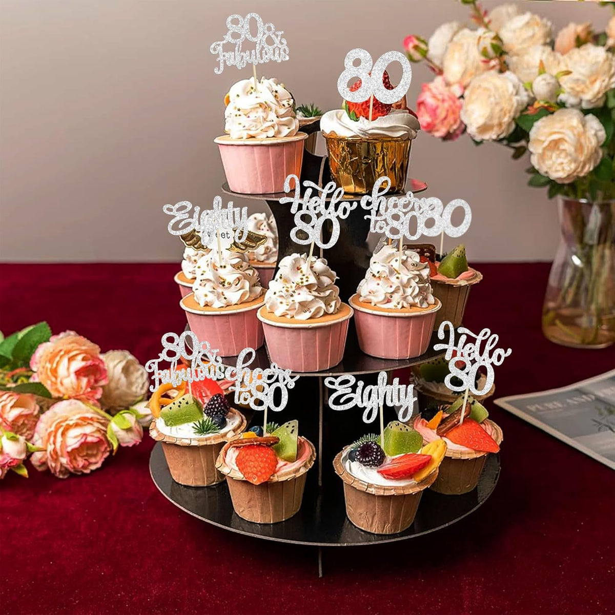 30Pcs Happy 80th Birthday Cupcake Toppers Eighty Cheers to 80 Years Old Birthday Cupcake Picks for
