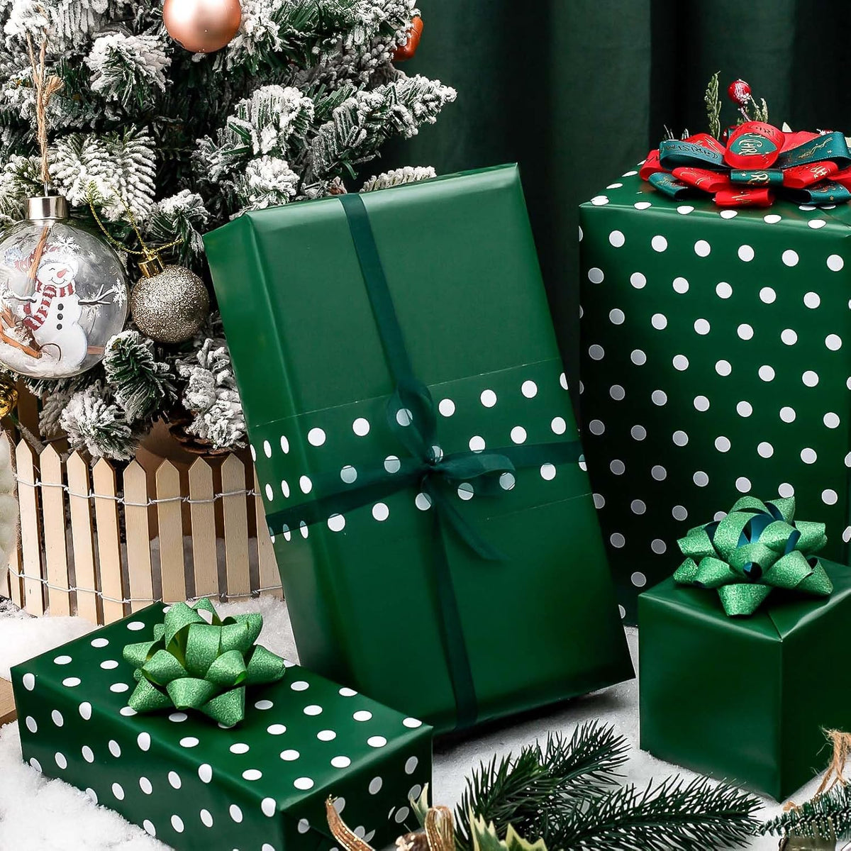 Flyhill Green Wrapping Paper Roll,Reversible Gift Wrap Paper with Polka Dot Design for